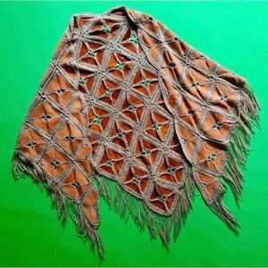 1970s faux suede and crochet camel color shawl